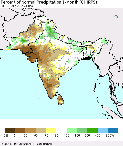 Southern Asia Percent of Normal Precipitation 1-Month (CHIRPS) Thematic Map For 7/26/2023 - 8/25/2023