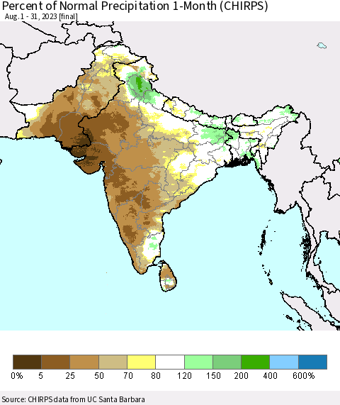 Southern Asia Percent of Normal Precipitation 1-Month (CHIRPS) Thematic Map For 8/1/2023 - 8/31/2023