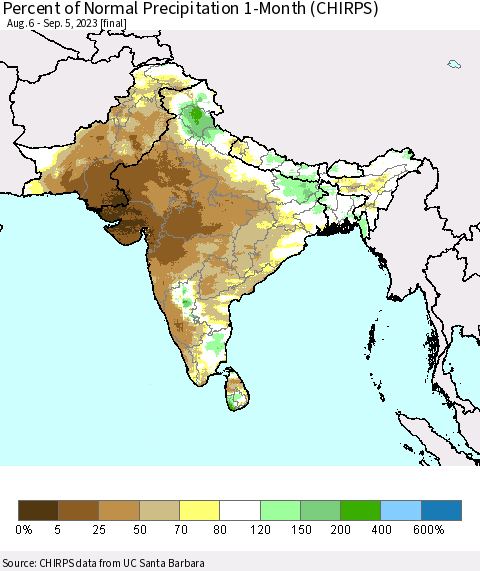 Southern Asia Percent of Normal Precipitation 1-Month (CHIRPS) Thematic Map For 8/6/2023 - 9/5/2023