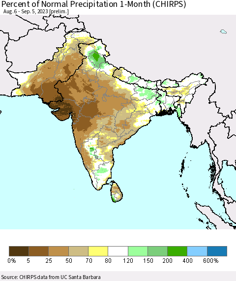 Southern Asia Percent of Normal Precipitation 1-Month (CHIRPS) Thematic Map For 8/6/2023 - 9/5/2023