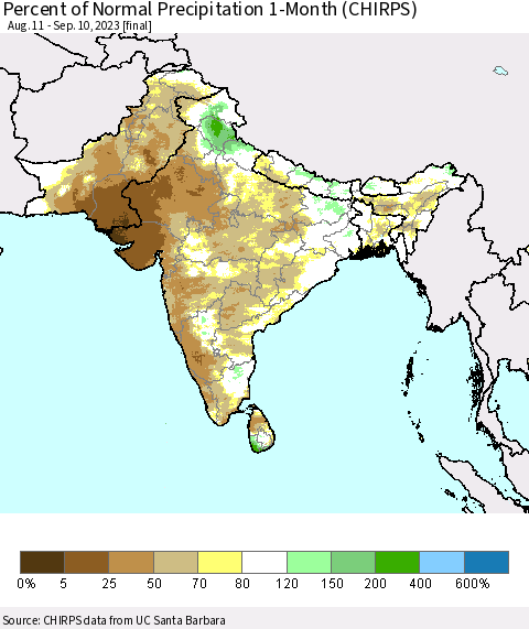 Southern Asia Percent of Normal Precipitation 1-Month (CHIRPS) Thematic Map For 8/11/2023 - 9/10/2023
