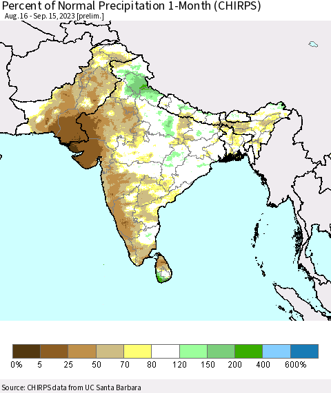 Southern Asia Percent of Normal Precipitation 1-Month (CHIRPS) Thematic Map For 8/16/2023 - 9/15/2023