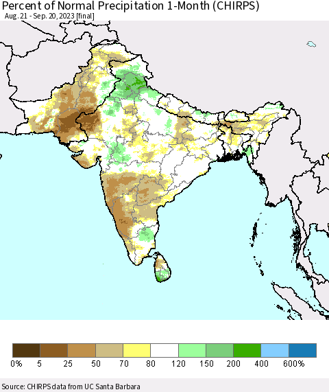 Southern Asia Percent of Normal Precipitation 1-Month (CHIRPS) Thematic Map For 8/21/2023 - 9/20/2023