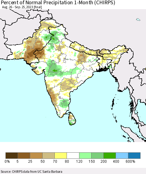 Southern Asia Percent of Normal Precipitation 1-Month (CHIRPS) Thematic Map For 8/26/2023 - 9/25/2023