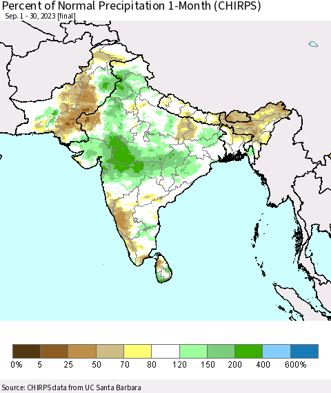 Southern Asia Percent of Normal Precipitation 1-Month (CHIRPS) Thematic Map For 9/1/2023 - 9/30/2023