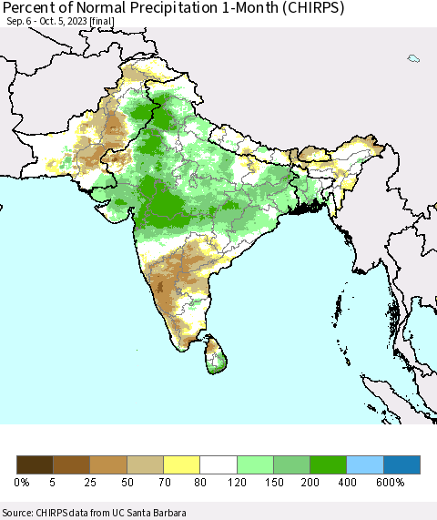 Southern Asia Percent of Normal Precipitation 1-Month (CHIRPS) Thematic Map For 9/6/2023 - 10/5/2023