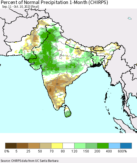 Southern Asia Percent of Normal Precipitation 1-Month (CHIRPS) Thematic Map For 9/11/2023 - 10/10/2023