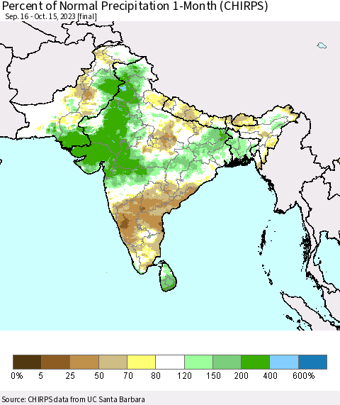Southern Asia Percent of Normal Precipitation 1-Month (CHIRPS) Thematic Map For 9/16/2023 - 10/15/2023