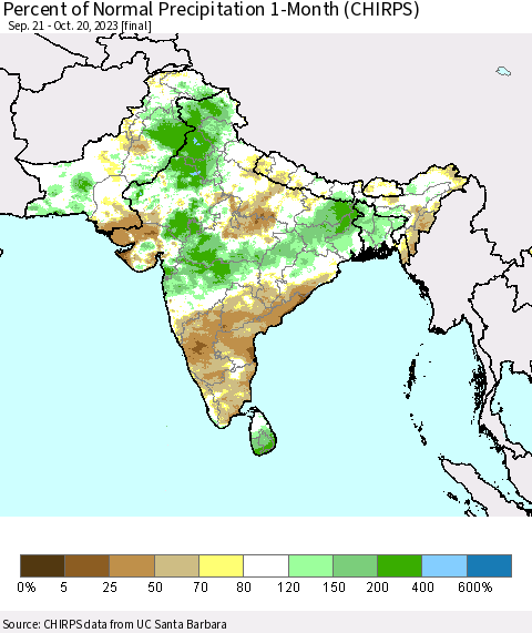 Southern Asia Percent of Normal Precipitation 1-Month (CHIRPS) Thematic Map For 9/21/2023 - 10/20/2023