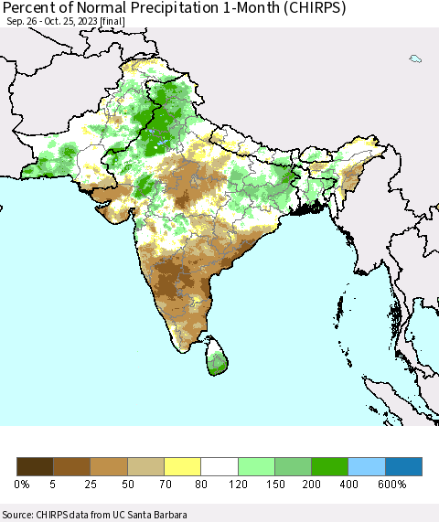 Southern Asia Percent of Normal Precipitation 1-Month (CHIRPS) Thematic Map For 9/26/2023 - 10/25/2023