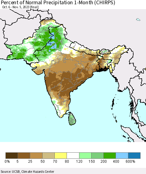 Southern Asia Percent of Normal Precipitation 1-Month (CHIRPS) Thematic Map For 10/6/2023 - 11/5/2023