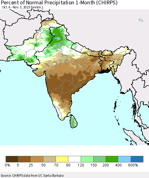 Southern Asia Percent of Normal Precipitation 1-Month (CHIRPS) Thematic Map For 10/6/2023 - 11/5/2023