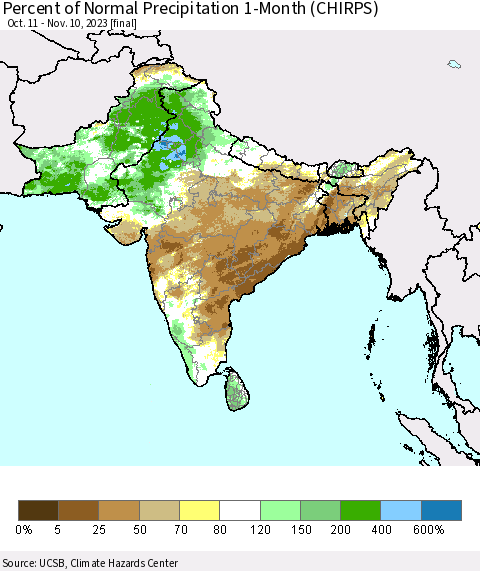Southern Asia Percent of Normal Precipitation 1-Month (CHIRPS) Thematic Map For 10/11/2023 - 11/10/2023