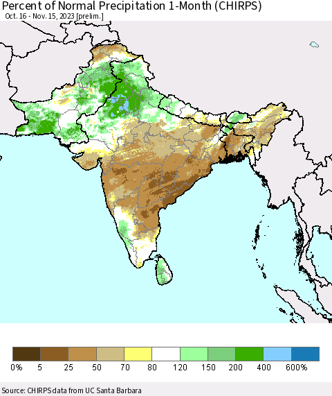 Southern Asia Percent of Normal Precipitation 1-Month (CHIRPS) Thematic Map For 10/16/2023 - 11/15/2023