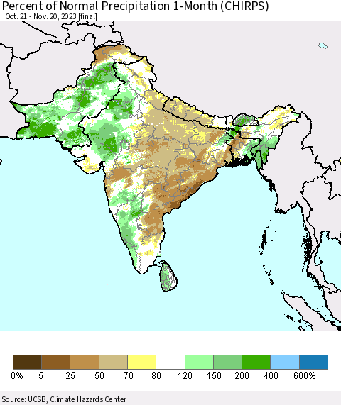 Southern Asia Percent of Normal Precipitation 1-Month (CHIRPS) Thematic Map For 10/21/2023 - 11/20/2023