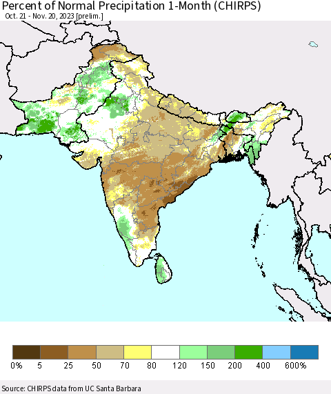 Southern Asia Percent of Normal Precipitation 1-Month (CHIRPS) Thematic Map For 10/21/2023 - 11/20/2023