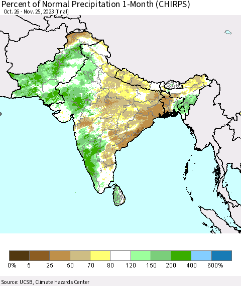 Southern Asia Percent of Normal Precipitation 1-Month (CHIRPS) Thematic Map For 10/26/2023 - 11/25/2023