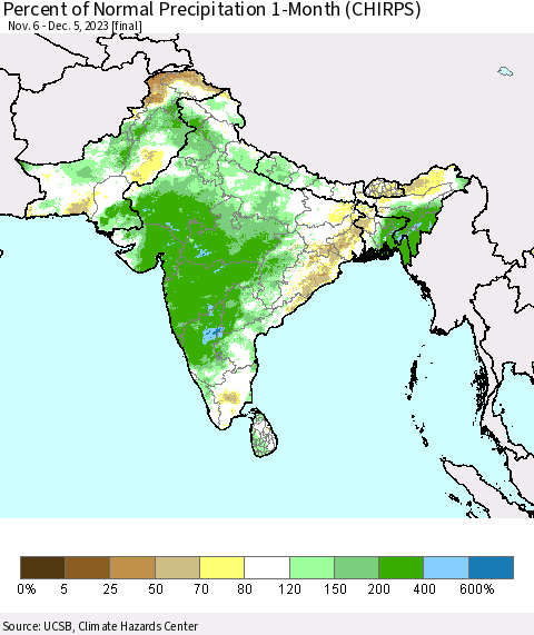 Southern Asia Percent of Normal Precipitation 1-Month (CHIRPS) Thematic Map For 11/6/2023 - 12/5/2023