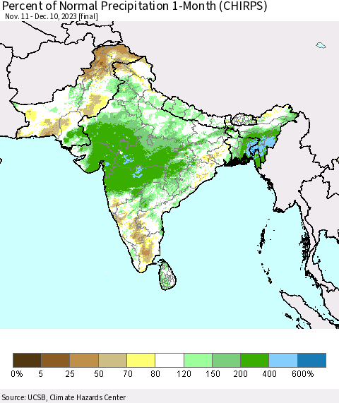 Southern Asia Percent of Normal Precipitation 1-Month (CHIRPS) Thematic Map For 11/11/2023 - 12/10/2023