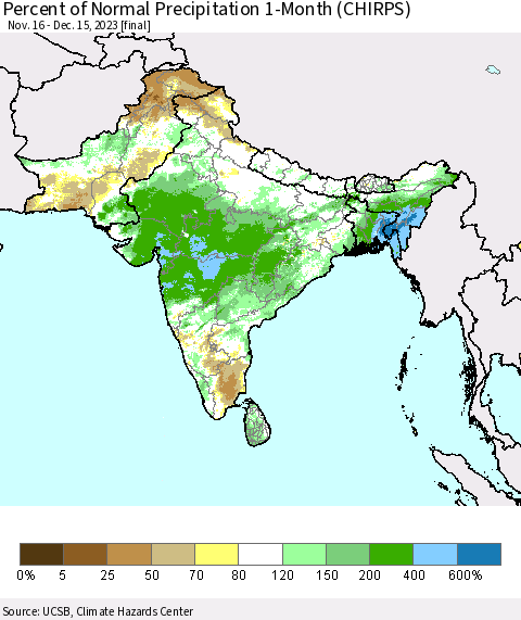 Southern Asia Percent of Normal Precipitation 1-Month (CHIRPS) Thematic Map For 11/16/2023 - 12/15/2023