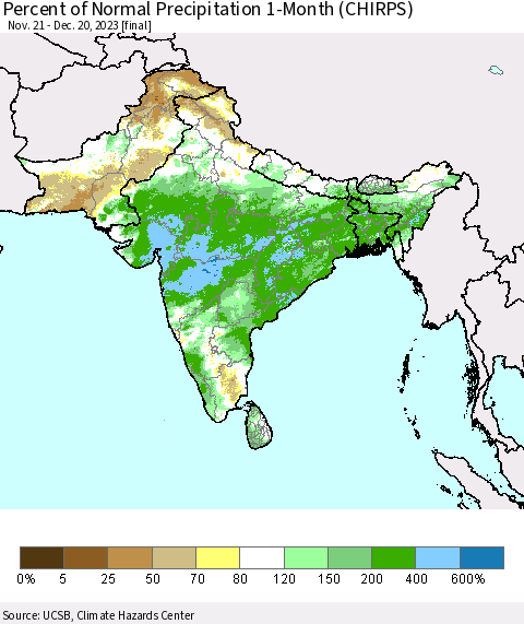 Southern Asia Percent of Normal Precipitation 1-Month (CHIRPS) Thematic Map For 11/21/2023 - 12/20/2023