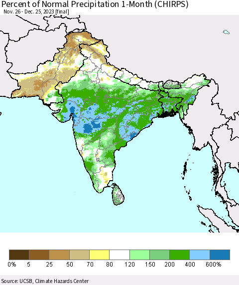 Southern Asia Percent of Normal Precipitation 1-Month (CHIRPS) Thematic Map For 11/26/2023 - 12/25/2023