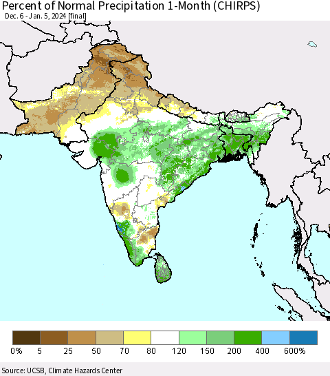 Southern Asia Percent of Normal Precipitation 1-Month (CHIRPS) Thematic Map For 12/6/2023 - 1/5/2024