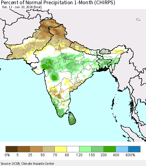 Southern Asia Percent of Normal Precipitation 1-Month (CHIRPS) Thematic Map For 12/11/2023 - 1/10/2024