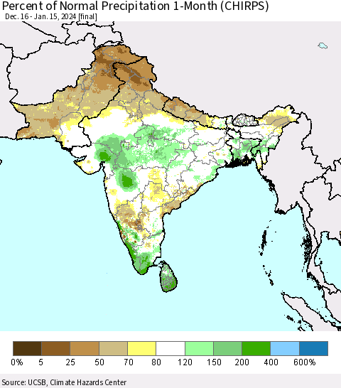 Southern Asia Percent of Normal Precipitation 1-Month (CHIRPS) Thematic Map For 12/16/2023 - 1/15/2024