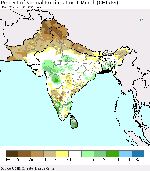Southern Asia Percent of Normal Precipitation 1-Month (CHIRPS) Thematic Map For 12/21/2023 - 1/20/2024