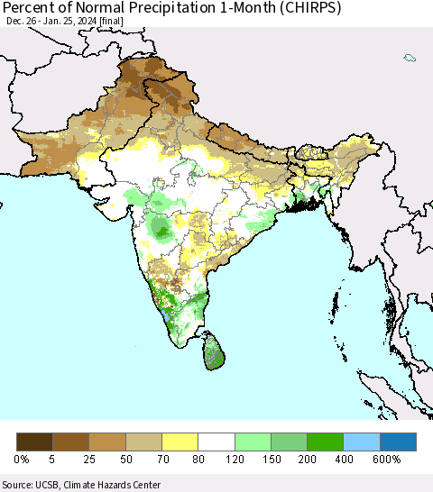 Southern Asia Percent of Normal Precipitation 1-Month (CHIRPS) Thematic Map For 12/26/2023 - 1/25/2024