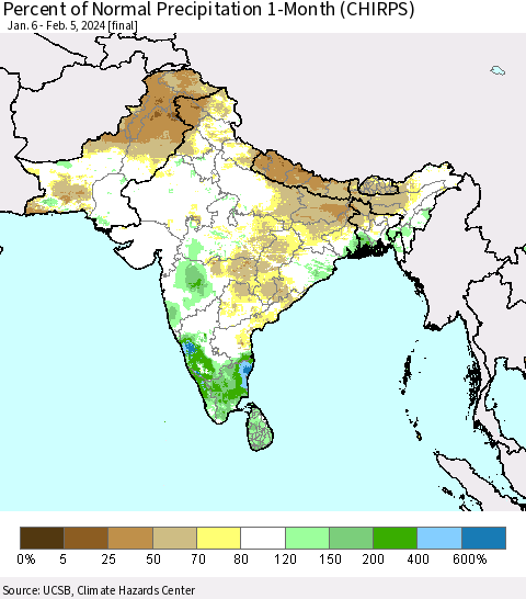 Southern Asia Percent of Normal Precipitation 1-Month (CHIRPS) Thematic Map For 1/6/2024 - 2/5/2024