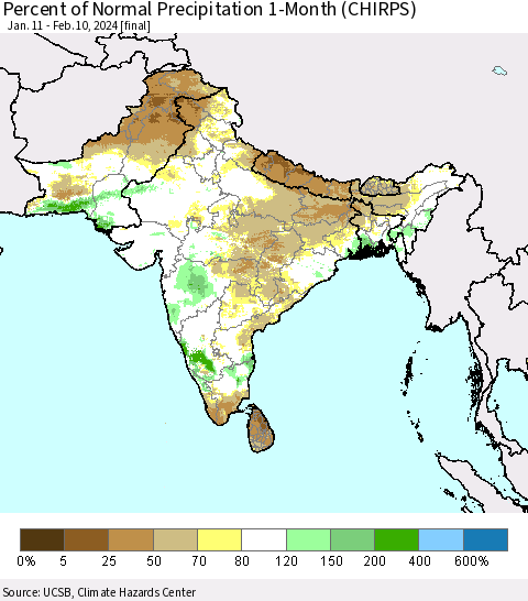 Southern Asia Percent of Normal Precipitation 1-Month (CHIRPS) Thematic Map For 1/11/2024 - 2/10/2024