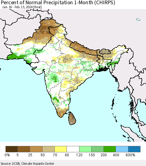 Southern Asia Percent of Normal Precipitation 1-Month (CHIRPS) Thematic Map For 1/16/2024 - 2/15/2024