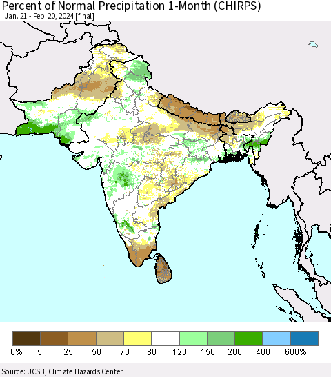 Southern Asia Percent of Normal Precipitation 1-Month (CHIRPS) Thematic Map For 1/21/2024 - 2/20/2024