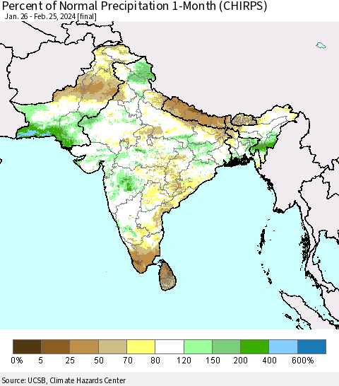 Southern Asia Percent of Normal Precipitation 1-Month (CHIRPS) Thematic Map For 1/26/2024 - 2/25/2024