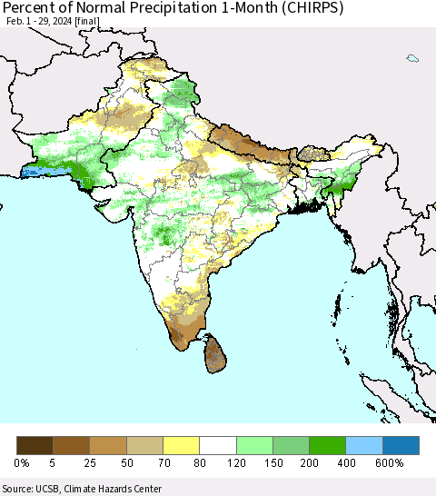 Southern Asia Percent of Normal Precipitation 1-Month (CHIRPS) Thematic Map For 2/1/2024 - 2/29/2024