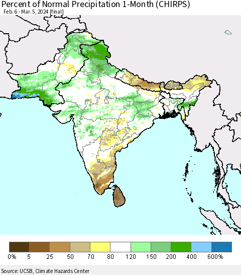 Southern Asia Percent of Normal Precipitation 1-Month (CHIRPS) Thematic Map For 2/6/2024 - 3/5/2024