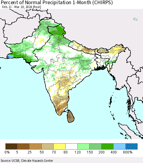 Southern Asia Percent of Normal Precipitation 1-Month (CHIRPS) Thematic Map For 2/11/2024 - 3/10/2024