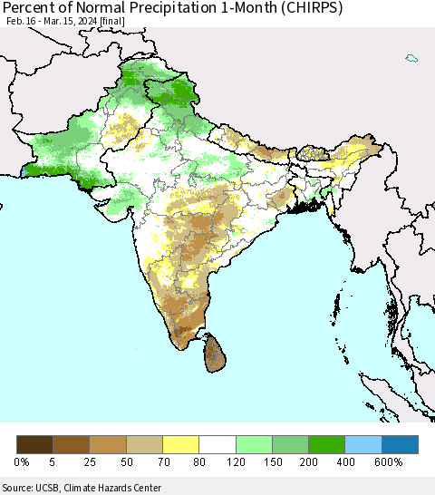 Southern Asia Percent of Normal Precipitation 1-Month (CHIRPS) Thematic Map For 2/16/2024 - 3/15/2024