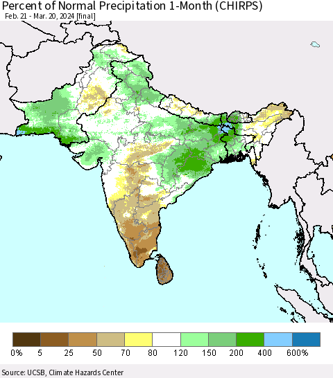 Southern Asia Percent of Normal Precipitation 1-Month (CHIRPS) Thematic Map For 2/21/2024 - 3/20/2024