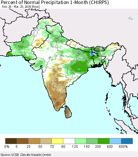 Southern Asia Percent of Normal Precipitation 1-Month (CHIRPS) Thematic Map For 2/26/2024 - 3/25/2024