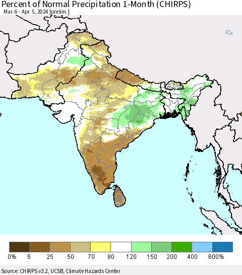 Southern Asia Percent of Normal Precipitation 1-Month (CHIRPS) Thematic Map For 3/6/2024 - 4/5/2024