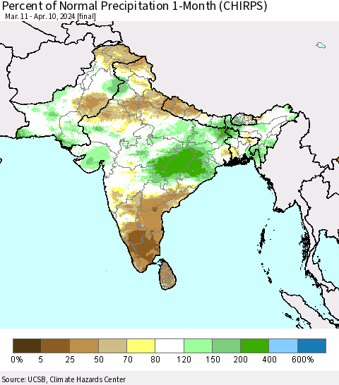 Southern Asia Percent of Normal Precipitation 1-Month (CHIRPS) Thematic Map For 3/11/2024 - 4/10/2024