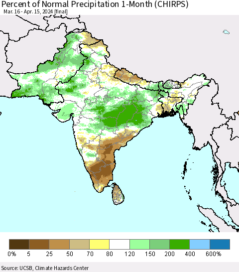 Southern Asia Percent of Normal Precipitation 1-Month (CHIRPS) Thematic Map For 3/16/2024 - 4/15/2024