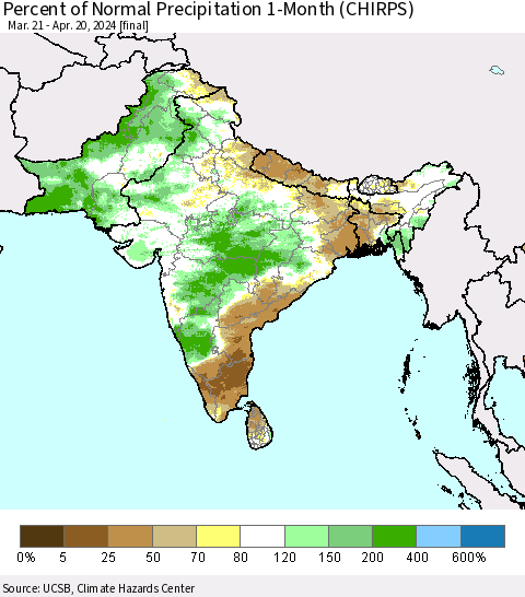 Southern Asia Percent of Normal Precipitation 1-Month (CHIRPS) Thematic Map For 3/21/2024 - 4/20/2024