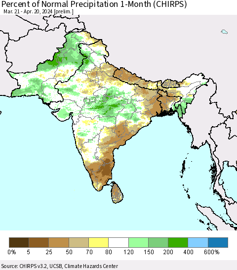Southern Asia Percent of Normal Precipitation 1-Month (CHIRPS) Thematic Map For 3/21/2024 - 4/20/2024