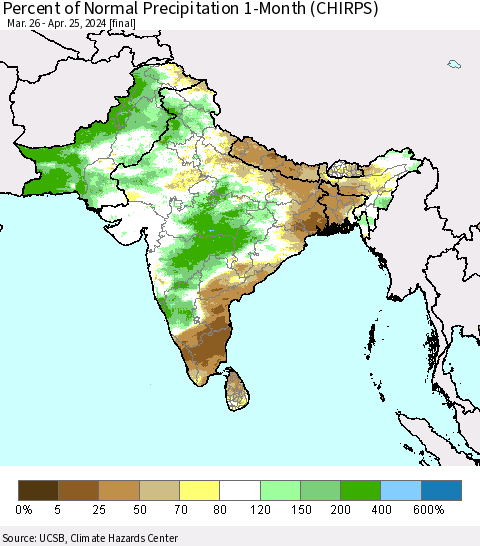 Southern Asia Percent of Normal Precipitation 1-Month (CHIRPS) Thematic Map For 3/26/2024 - 4/25/2024