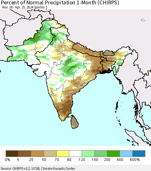 Southern Asia Percent of Normal Precipitation 1-Month (CHIRPS) Thematic Map For 3/26/2024 - 4/25/2024
