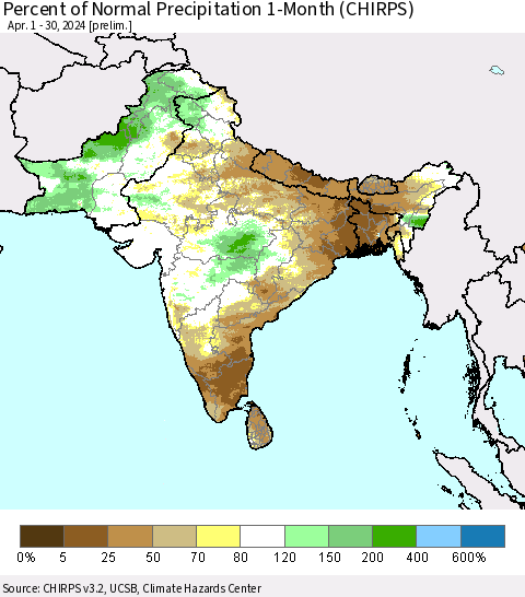 Southern Asia Percent of Normal Precipitation 1-Month (CHIRPS) Thematic Map For 4/1/2024 - 4/30/2024